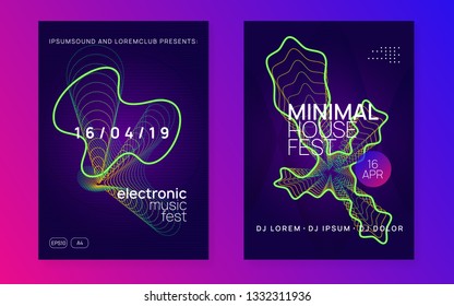 Electronic party. Dynamic gradient shape and line. Curvy concert magazine set. Neon electronic party flyer. Electro dance music. Techno fest event. Trance sound. Club dj poster.
