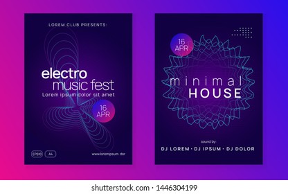 Electronic party. Dynamic gradient shape and line. Digital show magazine set. Neon electronic party flyer. Electro dance music. Techno fest event. Trance sound. Club dj poster.