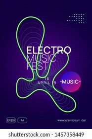 Electronic party. Dynamic gradient shape and line. Wavy concert invitation template. Neon electronic party flyer. Electro dance music. Techno fest event. Trance sound. Club dj poster.