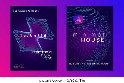 Electronic party. Dynamic gradient shape and line. Cool discotheque magazine set. Neon electronic party flyer. Electro dance music. Techno fest event. Trance sound. Club dj poster.