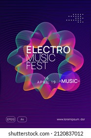 Electronic party. Dynamic gradient shape and line. Geometric discotheque magazine design. Neon electronic party flyer. Electro dance music. Techno fest event. Trance sound. Club dj poster.