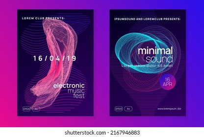 Electronic party. Dynamic gradient shape and line. Creative discotheque banner set. Neon electronic party flyer. Electro dance music. Techno fest event. Trance sound. Club dj poster.