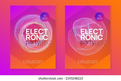 Electronic party. Dynamic gradient shape and line. Creative show brochure set. Neon electronic party flyer. Electro dance music. Techno fest event. Trance sound. Club dj poster.