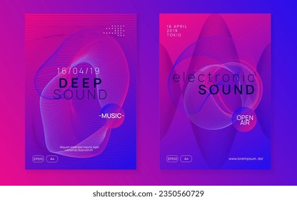 Electronic party. Dynamic gradient shape and line. Abstract discotheque invitation set. Neon electronic party flyer. Electro dance music. Techno fest event. Trance sound. Club dj poster.
