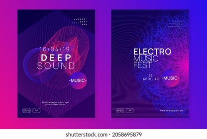 Electronic party. Energy concert magazine set. Dynamic fluid shape and line. Neon electronic party flyer. Electro dance music. Techno fest event. Trance sound. Club dj poster.