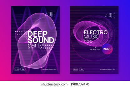 Electronic party. Energy discotheque magazine set. Dynamic gradient shape and line. Neon electronic party flyer. Electro dance music. Techno fest event. Trance sound. Club dj poster.