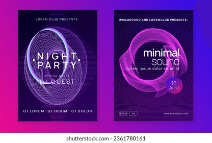 Electronic party. Energy show invitation set. Dynamic fluid shape and line. Neon electronic party flyer. Electro dance music. Techno fest event. Trance sound. Club dj poster.