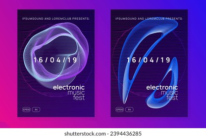 Electronic party. Minimal discotheque magazine set. Dynamic fluid shape and line. Neon electronic party flyer. Electro dance music. Techno fest event. Trance sound. Club dj poster.