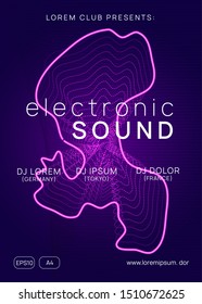 Electronic party. Wavy discotheque invitation concept. Dynamic gradient shape and line. Neon electronic party flyer. Electro dance music. Techno fest event. Trance sound. Club dj poster.