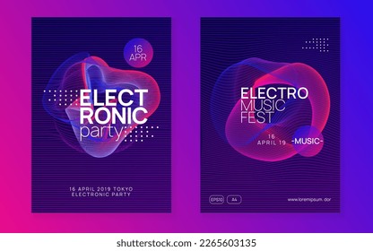 Electronic party. Wavy show cover set. Dynamic gradient shape and line. Neon electronic party flyer. Electro dance music. Techno fest event. Trance sound. Club dj poster.