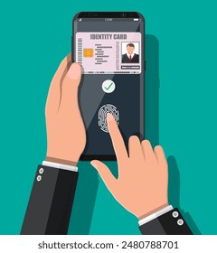 Electronic password. Password and fingerprint security authorization. Hand with smartphone id card application. Access control machine, time attendance. Proximity card reader. Flat vector illustration