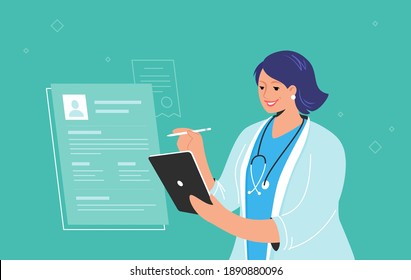 Electronic patient profile or online medical consulting on digital tablet. Smiling female doctor wearing white uniform holding tablet pc and checking patient e-profile for the distance consultation