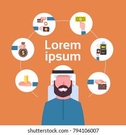Electronic Payment Concept Arab Man Using Mobile Wallet Icons Digital Money Transaction And E-commerce Flat Vector Illustration