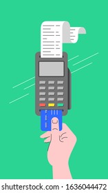 Electronic payment concept. Flat linear illustration of POS terminal and chip credit card inserted into it. Store payment machine with long paper check. Buyer makes a purchase using card reader