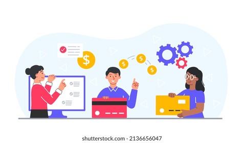 Electronic payment concept. Men and girls with cards next to computer. Cashless transfers and transactions. Financial literacy and banking systems, digital world. Cartoon flat vector illustration