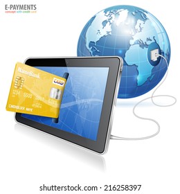 Electronic Payment Concept - Tablet PC with Credit Card and Earth, vector isolated on white background