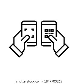 Electronic payment. Hand holding mobile with scan on display. Line vector. Isolate on white background.