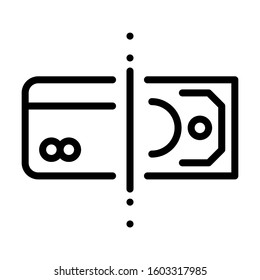 Electronic payment icon. Half of credit card with banknote. Simple design. Line vector. Isolate on white background.