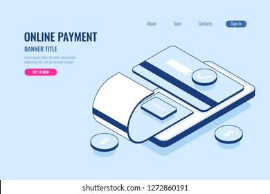 electronic payment isometric concept, credit card, pay receipt, mobile banking and online bank account control, isometric flat vector illustration