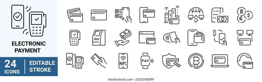 Pago Electrónica . Conjunto de iconos lineales. Opciones de pago. Esquema de símbolos de método de pago. Transferencia de dinero. Banca, tarjeta de crédito, dinero en efectivo y símbolo de transacción. Ilustración vectorial