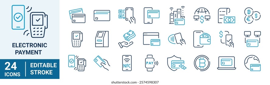 Electronic Payment . Linear icon set. Payment options. Outline payment method symbols. Money transfer. Banking, credit card, cash and transaction symbol. Vector illustration