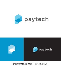Electronic Payment Symbol, Blue Hexagon Shape, Abstract Letter P. Web pay tech logo concept. Geometric Logo Template for Identity. Innovate Financial Technology Sign. Isolated vector illustration