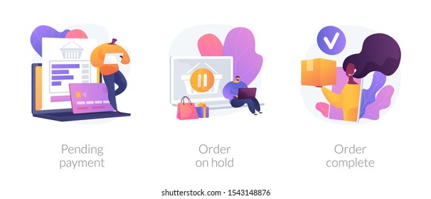 Electronic payment system, internet shopping, commercial business icons set. Pending payment, order on hold, order complete metaphors. Vector isolated concept metaphor illustrations svg