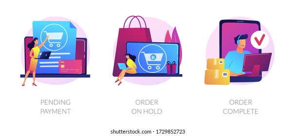 Electronic payment system, internet shopping, commercial business icons set. Pending payment, order on hold, order complete metaphors. Vector isolated concept metaphor illustrations svg