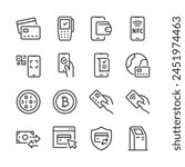 Electronic Payment Systems, icon set. Digital Payment Solutions linear icons. Online Banking, Money Transfers, NFC, QR Codes, and Cryptocurrency. Secure Transaction. Line with editable stroke