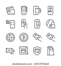 Electronic Payment Systems, icon set. Digital Payment Solutions linear icons. Online Banking, Money Transfers, NFC, QR Codes, and Cryptocurrency. Secure Transaction. Line with editable stroke