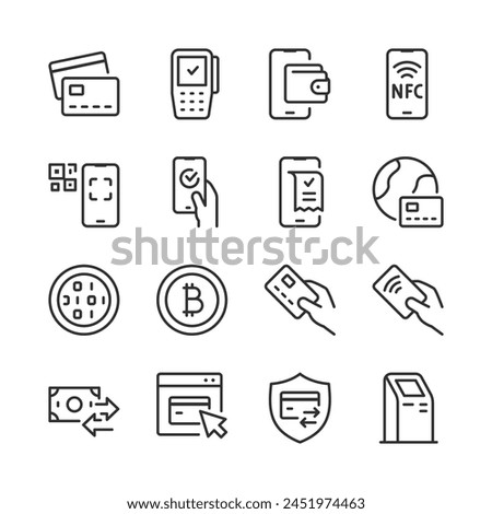 Electronic Payment Systems, icon set. Digital Payment Solutions linear icons. Online Banking, Money Transfers, NFC, QR Codes, and Cryptocurrency. Secure Transaction. Line with editable stroke