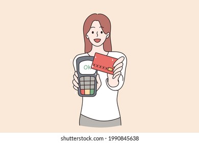 Electronic payment and technologies concept. Portrait of smiling attractive pretty cheerful girl using card reader commerce retail service processing payment vector illustration 