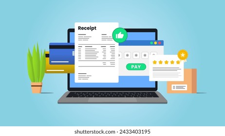 Pagos electrónicos para el concepto de ilustración de comercio electrónico. Notificación sobre la transacción financiera. Laptop con recibo electrónico. Confirmación de pago en línea vía SMS. 