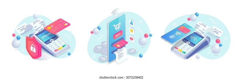 Electronic Payments Isometric Concept Set. Vector 3d Cashless Payment Machine, Smartphone, Credit Card. Safe Mobile NFC Contactless Payments. Online Shopping Illustration For Web, App.