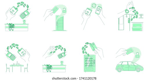 Se han establecido ilustraciones vectoriales de concepto delgado de pagos electrónicos y tarjetas de claves. Personas que usan dispositivos inteligentes personajes de dibujos animados 2D para el diseño web. Tecnologías NFC, transacciones monetarias, ideas creativas