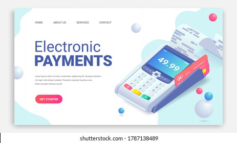 Electronic payments via credit card isometric web page concept with 3d payment machine, plastic debit card on trendy abstract background. Success cashless NFC transaction landing. Vector illustration