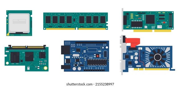 Electronic PCB. Electric circuit board with memory chip, conductor and semiconductor components. Vector microcontroller hardware set. Illustration of circuit engineering and microchip