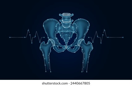 Electronic pelvis bone and pulse wave glowing between connecting lines. Human organ microchip data circuit code. Medical science of technology futuristic digital innovative health care. Vector EPS10.