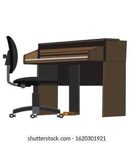 Electronic piano with a chair. The workplace of the musician.
Hand drawn vector illustration in flat style. Isolated on white.