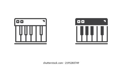 Electronic piano key icon, line and glyph version, outline and filled vector sign. Music synthesizer linear and full pictogram. Symbol, logo illustration. Different style icons set