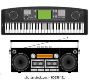 Electronic piano and tape recorder over white background