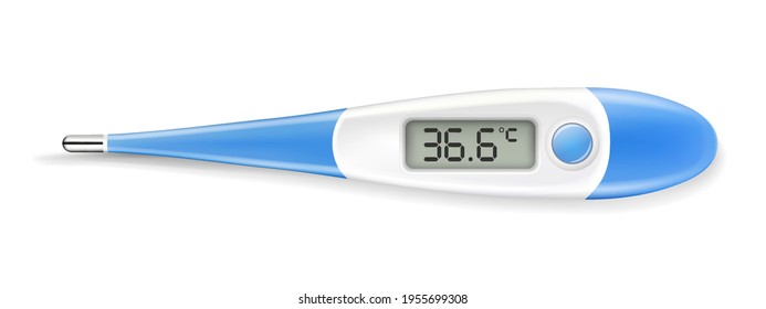 Electronic plastic modern thermometer isolated on white. A realistic temperature diagnostic tool. 3d vector illustration. Fever diagnostic and healthcare concept