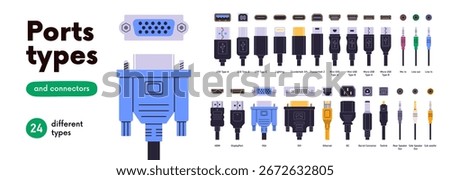 Electronic port types, connectors set. Charging plugs and sockets, outlets, power cables with different inputs, USB, HDMI, VGA, Ethernet. Flat graphic vector illustrations isolated on white background