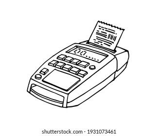 electronic portable cash register with wifi for bank cards, commercial digital equipment, vector illustration with black ink contour lines isolated on a white background in doodle and hand drawn style