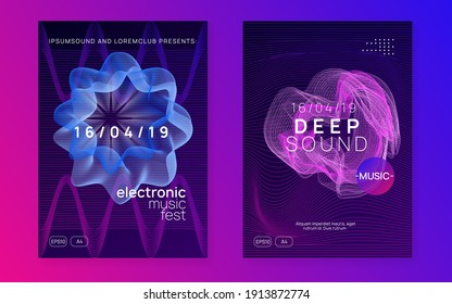 Electronic poster. Cool show invitation set. Dynamic fluid shape and line. Neon electronic poster. Electro dance dj. Music sound fest. Night club event flyer. Techno party.