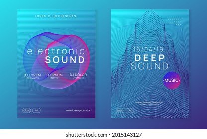 Electronic poster. Creative concert banner set. Dynamic fluid shape and line. Neon electronic poster. Electro dance dj. Music sound fest. Night club event flyer. Techno party.