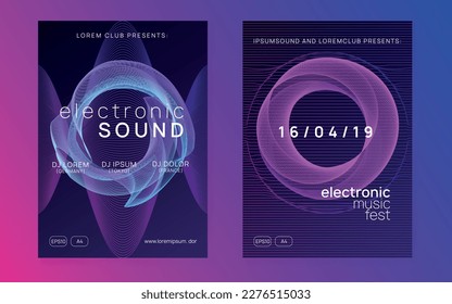 Afiche electrónico. Juego de folletos creativos para conciertos. Forma dinámica de fluido y línea. Afiche electrónico neón. Dj de baile de Electro. Festival de sonido musical. Volante para eventos de discoteca. Partido Techno.