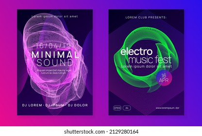 Electronic poster. Creative show brochure set. Dynamic fluid shape and line. Neon electronic poster. Electro dance dj. Music sound fest. Night club event flyer. Techno party.