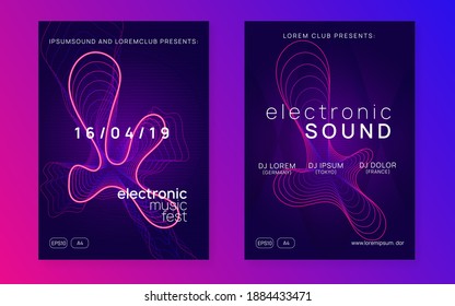 Electronic poster. Curvy show brochure set. Dynamic fluid shape and line. Neon electronic poster. Electro dance dj. Music sound fest. Night club event flyer. Techno party.