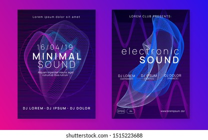 Electronic poster. Dynamic fluid shape and line. Curvy concert banner set. Neon electronic poster. Electro dance dj. Music sound fest. Night club event flyer. Techno party.